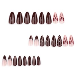 Dark Red Press on Nails Medium Almond False Nails with Bow Designs White Dot Stick on Nails French Tip Glue On Nails Full Cover Reusable Artificial Nail Press ons for Women Girls Manicure24Pcs
