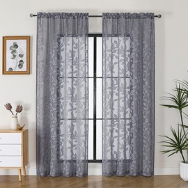 OVZME Grey Sheer Curtains 84 inches Long 2 Panels for Living Room, Jacquard Clip Leaf Pattern Textured Light Filtering Window Semi Sheer Voile Drapes for Bedroom, Each Panel 42 x 84 Inch