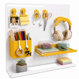 HOHOLEU Metal Desk Pegboard Organizer, No Drill Modular Storage Kit 10 Accessories 15.8x11.8in White Yellow for Office Vanity