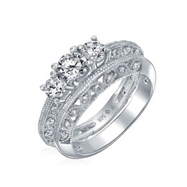Bling Jewelry Vintage Style 3 Stone Round CZ Wedding Anniversary Ring Set 925 Sterling Silver ,9