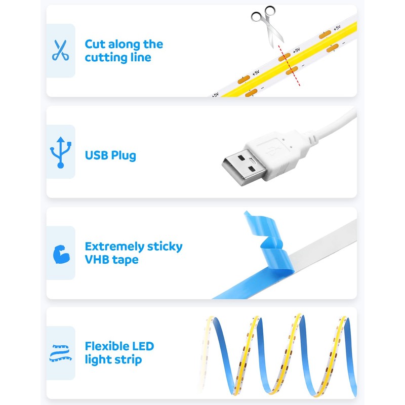Aclorol USB Led Light Strip COB Led Strip Lights 5V
