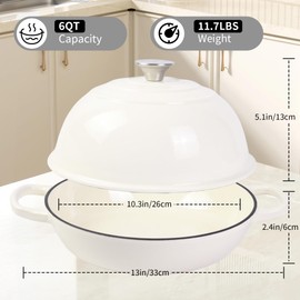 Dutch Oven for Sourdough Bread Baking, Enameled Cast Iron Dutch Oven Pot with Lid, Dome-Shaped Bread Dutch Ovens, 6 Qt, (White)