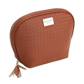 REVLON Basketweave Makeup Pouch - Small Makeup Pouch, Compact Travel Makeup Organizer, Cosmetic Bag, Mini Makeup Case with Pockets, Toiletry Pouch - Gifts for Women, Ladies, or Teen Girls, Cognac