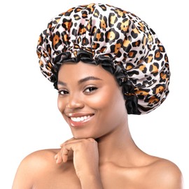 mikimini 2 Packs Large Shower Cap for Women, Leopard Stylish Bath Caps with Double-layer, Waterproof, Reusable, Washable Hair Hat for Long Thick Hairs and Braids