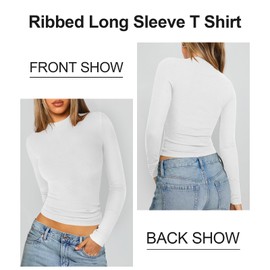 Hragc Women Long Sleeve T Shirts Crew Neck Ribbed Top for Women White X-Large Going Out Workout Basic Tight Tee Fitted Cotton Tops
