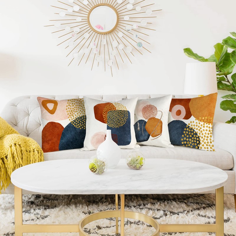 YCOLL Cushion Covers, Set of 4, Linen, Decorative, Geometric Pattern,