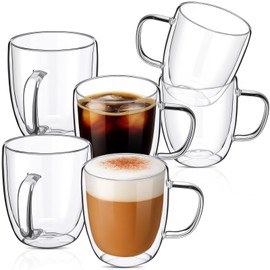Patelai Glass Coffee Mugs Set of 6, 16 oz Clear Double Walled Coffee Cups Glasses Insulated Latte Mugs with Handle Espresso Clear Cups for Hot and Cold Beverages