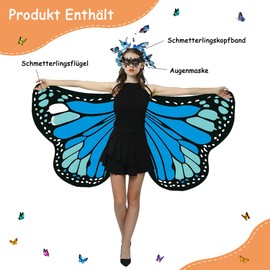Sundonix Carnival Butterfly Cape for Women, Colourful Carnival Costume, Ideal for Carnival, Fancy Dress and Cosplay (Polyester, Printed on Both Sides, Sea Blue)