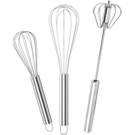 Juego de Gvolatee Batidor Manual De Huevos Profesional Acero Inoxidable, 2 Batidores De Globo (8'' y 10''), 1 Batidor De Huevos Semiautomático Giratorio Para Batir, Batir, Revolver y Cocinar
