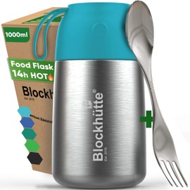 Blockhütte Stainless Steel Food Flasks for Hot Food Kids and Adults I 1l I Thermal Soup Flask with Spork I Vacuum Insulated Thermal Lunch Box to Go for 14h Hot Meals, BPA Free – Turquoise