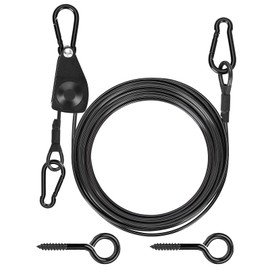 TooTaci 30ft Outdoor Clothesline Kit, 3/16" Black PVC Coated Wire Rope Heavy Duty Portable Clothes Line Kit with Self-Locking Pulley, Screw Hook & Snap Hook for Camping, Backyard, Balcony, Travel
