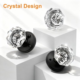 Gobrico Crystal Glass Door Knob for Bedroom Bathroom with Classic Rosette Matte Black,Clear Diamond Octagonal Interior Door Knobs Lock 1 Pack