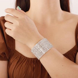 YERTTER Wedding Silver Color 10-Row Crystal Rhinestone Open Cuff Bangle Bridals Crystal Stunning Bracelet Strand Bracelet Gift for Women Brides (Style B-Silver)