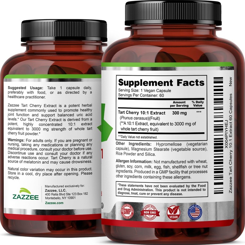 Zazzee Tart Cherry 10:1 Extract, 60 Vegan Capsules, 2 Month