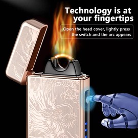 YOZWOO Electric Rechargeable Lighter Plasma Arc Lighter Big Power Flame Electronic Lighter Windproof Cool Lighter Outdoor Camping Lighter with LED Battery Indicator for Candles, Incense（Golden Dragon）