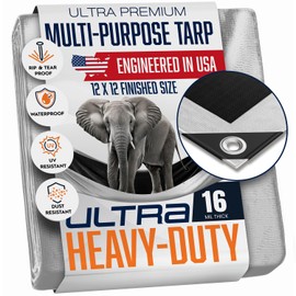 12x12 Ultra Heavy Duty Tarp, Extra Thick 16 Mil, UV Resistant, Grommets Every 18 Inches - Waterproof Plastic Poly Tarpaulin - (Reversible, Silver and Black) (12' x 12' Feet)