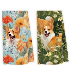 Pugwak Cute Dog Corgi Kitchen Dish Towels 16x24 Inch Set of 2, Dog Decor, Gifts for Dog Mom Dog Lovers Women, Flower Puppies Kitchen Towel, Welsh Corgi Dog Floral Decorative Hand Towels Tea Towels
