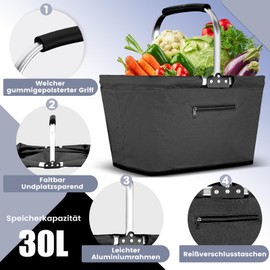 Yeabett 30L Foldable Shopping Basket, Picnic Basket, Carry Basket, Large Family Shopping Bag, Practical Shopping Basket with Padded Handles for Travel, Picnic, Shopping, Gifts (Grey)