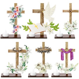 Mumufy 6 Set of 8 Inch Wooden Cross Tea Light Candle Holder for Lent and Easter Christian Jesus Lily Flowers Cross Easter Religious Tiered Tray Decor Lent Candle Holder for Centerpiece Table Decor