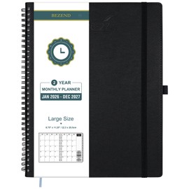 BEZEND Monthly Planner 2026-2027, 2 Year Calendar Book 8.5" x 11" with Note (Jan 26 to Dec 27), 120 GSM Thick Paper, Storage Pockets, Ruler & Ribbon Bookmarks, Spiral Vegan Leather Cover, Black