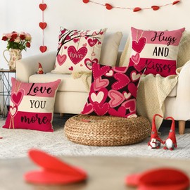 AVOIN colorlife Valentine's Day Hugs and Kisses Love You More Pink Throw Pillow Covers, 18 x 18 Inch Valentine Heart Stripes Wedding Cushion Case Decoration for Sofa Couch Set of 4