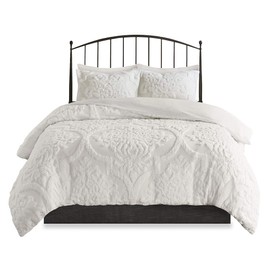 Madison Park Tufted Chenille 100% Cotton Duvet Modern Luxe All Season Comforter Cover Bed Set with Matching Shams, Full/Queen(90"x90"), Damask Off White 3 piece