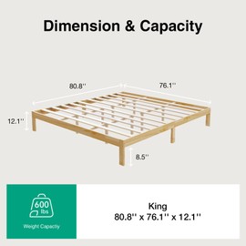 Novilla 12 Inch Wooden King Size Bed Frame, Classic Solid Wood Platform Bed Frame King Size, Sturdy Wood Slat Support, No Box Spring Needed, Easy Assembly, Pine