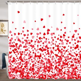JAWO Heart Shower Curtain, Valentine's Day Falling Red Heart Fabric Bathroom Curtain and Hooks, Waterproof Shower Curtain Set 69x70Inches