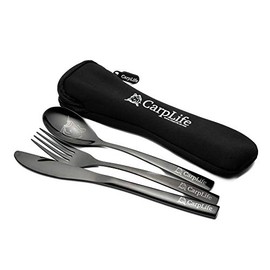 CarpLife Cutlery Set - Fishing Cutlery Set - Carp Fishing - Black Stainless Steel Cutlery Set - Etched Carp Fishing Cutlery Set