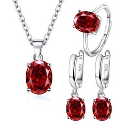 IzuBizu London Women's 925 Sterling Silver Ruby Red Oval 3 Piece Jewellery Set for Her Necklace Earrings Ring Engagement Party Wedding Christmas