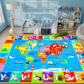 DINSUMRUG World Map ABC Kid Rug for Playroom Geography 59"×39.4" Classroom Play Rug Educational Baby Playmat Alphabet Rug for Primary School Fluffy Ployester Non-Slip Preschool Rug for Nursery Room