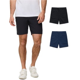 INTO THE AM Men's Daily Shorts 7" Inseam 2-Pack - Dry Fit Stretch Performance Flat Front Tech Fashion Khaki Chino Mens Golf Shorts Multipack (Black/Navy, 34")