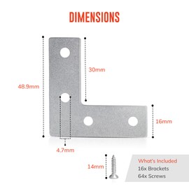Angle Brackets Corner Bracket for Wood 16 Pcs | 50.8mm x 50.8mm x 16mm | L Brackets for Wood with 64 Screws - Galvanised Steel Plate Set for Fixing and Repairing Furniture, Tables (2in / 50.8mm)