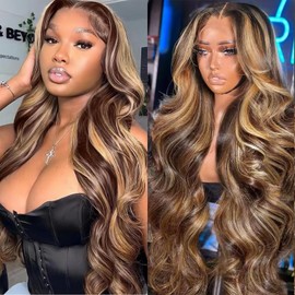 THGF Honey Blonde Ombre Lace Front Wig Human Hair 13x6 Body Wave Lace Front Wigs Human Hair 180 Density Glueless 13X6 HD Lace Frontal Wigs Pre Plucked for Women 4/27 Colored 26 Inch