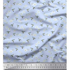 Soimoi Blue Velvet Fabric Magnolia & Hummingbird Night Wear Print Fabric by The Yard 58 Inch Wide