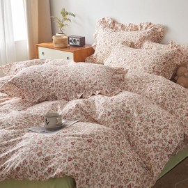 HighBuy Ruffle Comforter Set Full Size Pink Floral Printed Bedding Comforter Set Full Girl Flowers Bohemian Bedding Sets for All Season Comfy Soft Full Bed Comforter with 2 Pillowcases
