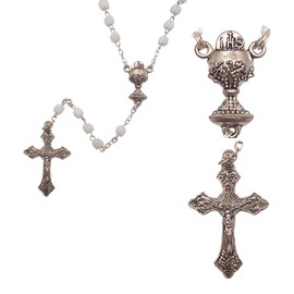 Wowser Pure Grace First Communion Rosary, White Square Rosary Beads for Girls with Silver Toned Chalice Centerpiece, 11 Inch