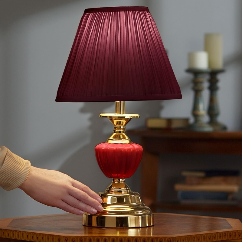 OK Lighting Touch Table Lamp Base Metal,Linen,Porcelain Burgundy