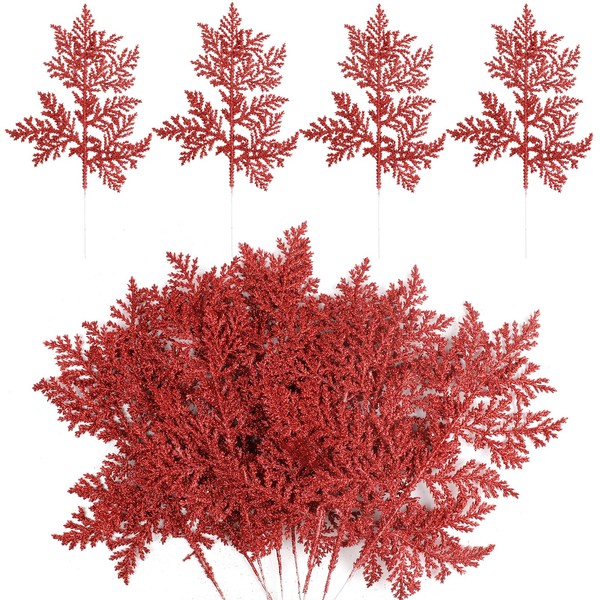 CCINEE 20Pcs Glitter Artificial Pine Needles Red Christmas Froal Pick