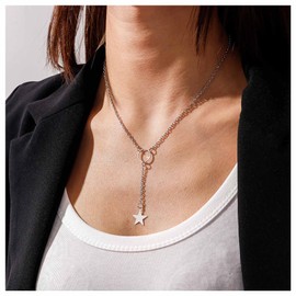 Allereya Vintage Star Drop Y Necklace Star Pendant Necklace Small Star Y Lariat Necklace Silver Circle Choker Necklace Jewellery for Women and Girls (Silver)