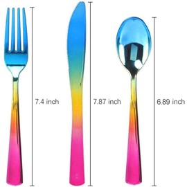 Supernal 120pcs Rainbow Silverware,Gold Plastic Silverware,Rainbow Plastic Cutlery,Rainbow Party Flatware,Pink and Gold Silverware,Elegant Plastic Durable Cutlery,40 Forks,40 Knives and 40 Spoons