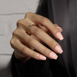 KQueenest Coral Pink Press On Nails Short - Summer Press On Nails Coffin, Sheer Nude Pink Medium Fake Nails with Glue, Glossy Opaque Ballerina Reusable Soft Gel Glue on Nails for Women, 30 Pcs