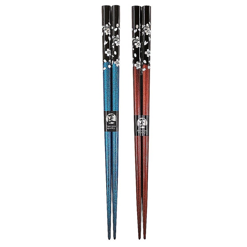 Couples Chopsticks Silver Cherry Blossom Flower Blue Red Paulownia Box