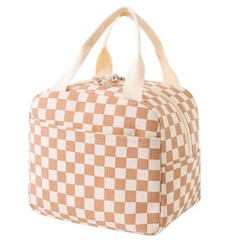 Bodeshis Lunch Bags for Women, Coffee Grid Design Lunch Bag for Women, Corduroy Insulated Lunch Bag, Potable Handbags, Lunch Bags Girls Teens Adult for School Work Travel Beach Daily Use