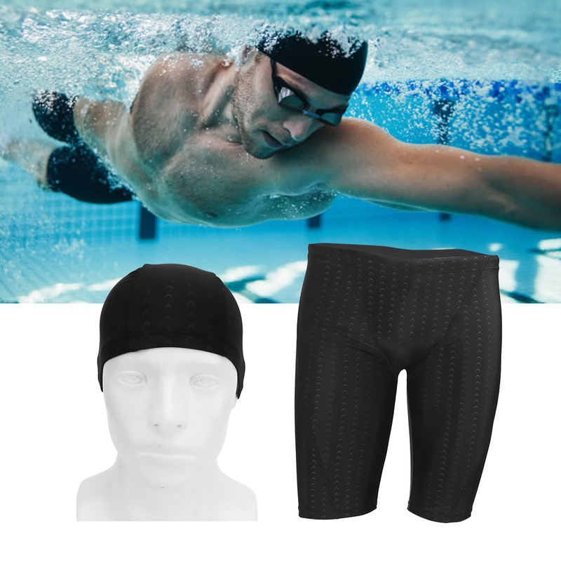 Men Swim Shorts and Cap Waterproof Adjustable Waist Strap Quick