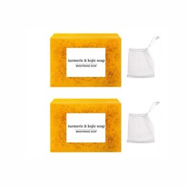 HASSELAN Lemon Turmeric & Kojic Acid Soap Bar, Summer Acne Face & Body Wash for Men & Women, Daily Skincare Cleanser Sets with Soap Saver Bags Body Care Cleansing Foam Foaming Foam Foaming Gentle Smoother - Specification: 2 Counts Soap+ 2 Counts Soap Bag