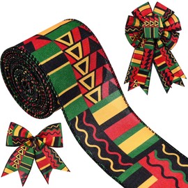 Sanixin 1 Roll 10 Yards Kwanzaa Wired Ribbon 2.5 Inch African American Black History Month Juneteenth Fabric Ribbon for Bow Wreath Gift Wrapping Supplies(1 Roll)