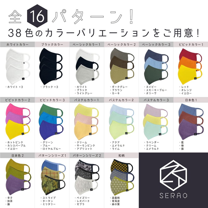 [セラオ] コットンマスク (3枚入) 和柄 碁盤縞 青海波 麻の葉 SRO-JP1