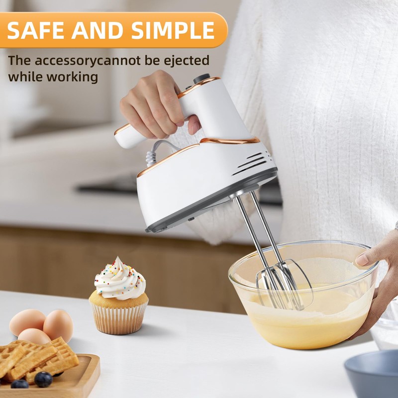 GELANGS Hand Mixer, 5-Speed Electric with Turbo Boost, White, Copper