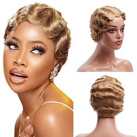 Sheila Beauty Short Wigs for Black Women Finger Wave Wig Light Brown Pixie Cut Curly Wig for Women Natural Looking Short Hair Wig Wavy Synthetic Hair Wigs (Light Brown)